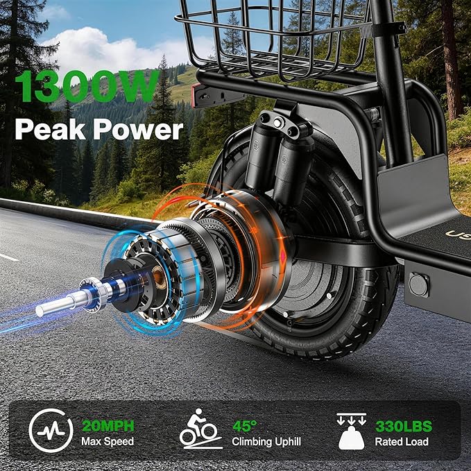 Electric Scooter Adults, 1300W/900W Peak Motor, Electric Scooter with Seat, 48V 13Ah/10.4Ah Battery, 14" Tires, 35/28 Miles Range, 20 MPH, 330 LBS Load, Dual Braking