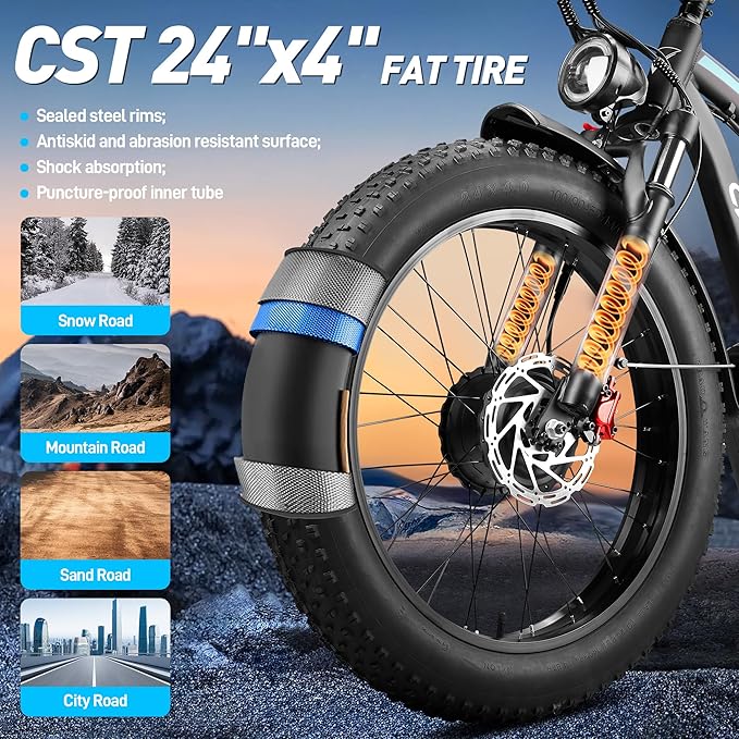 58V Max-Output Dual Motor Ebike, Peak 9000W for Adults 36AH Battery 47MPH 105 Miles Range 24 Inch Fat Tire Electric Bike LCD Display for Man Women