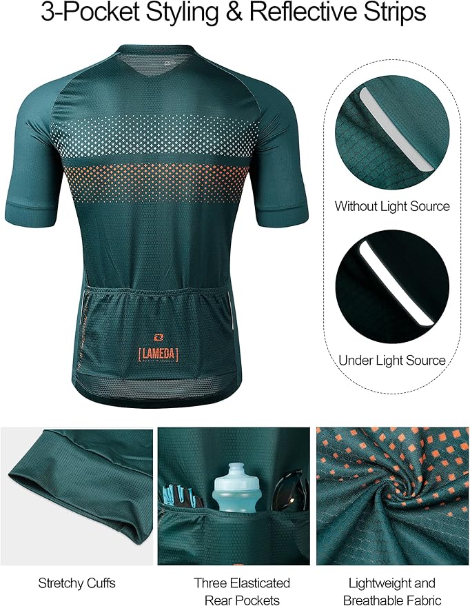 LAMEDA Men's Cycling Jersey Breathable Lightweight Short Sleeve Elastic Pro Road Bike Shirt Full Zip
