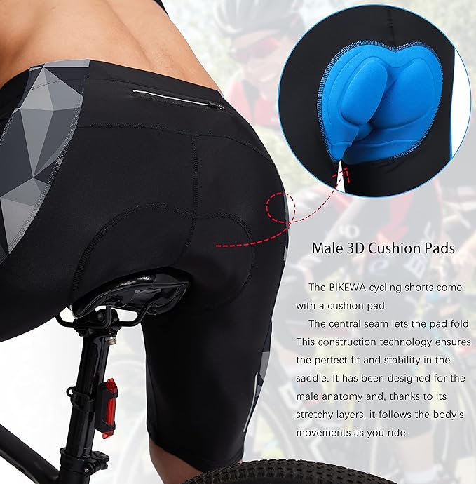 Bikewa Men's Bike Shorts 3D Padded Cycling Road Biking Mountain Riding Biker Bicycle UPF 50+ Cycle Shorts Zipper Pockets