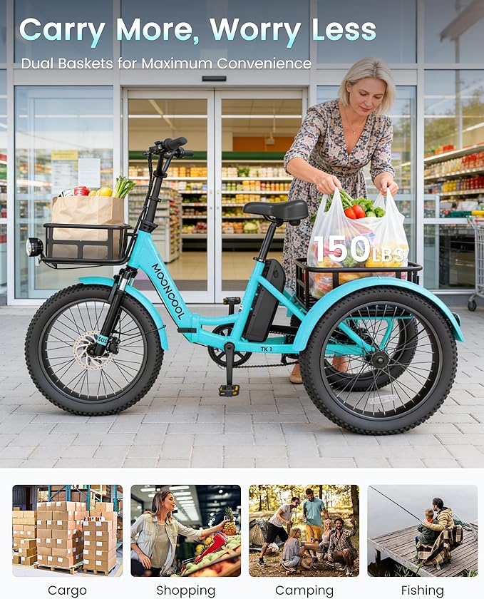 MOONCOOL Electric Trike for Adults, 500W/750W 48V Electric Tricycle for Adults Peak Power 1500W, 20"x3.0" Fat Tire 3 Wheel Electric Bike, Folding Aluminum Adult Tricycle with Removable Battery
