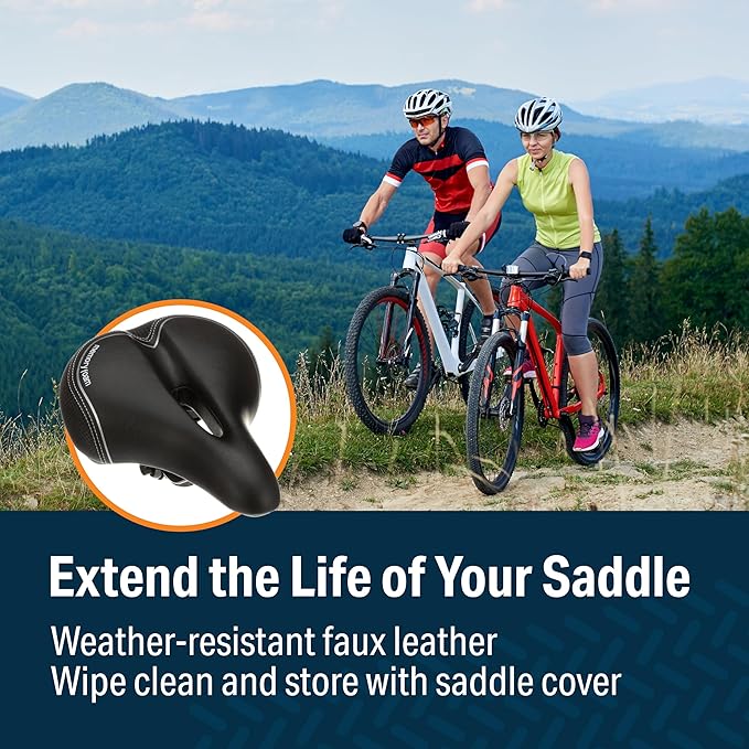 Bikeroo Extra Wide Replacement Saddle - Fits Indoor & Outdoor Bicycles - Steel Spring & Elastomer Suspension - Center Cutout - Memory Foam