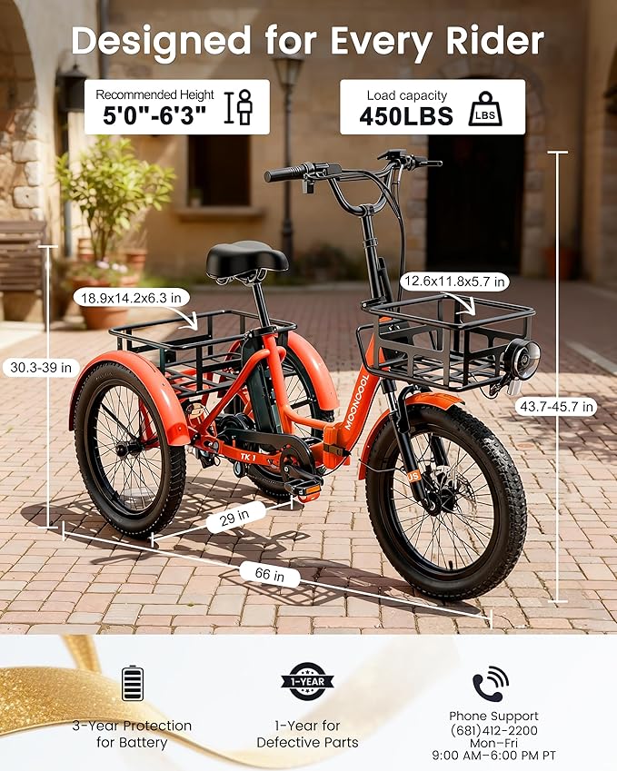 MOONCOOL Electric Trike for Adults, 500W/750W 48V Electric Tricycle for Adults Peak Power 1500W, 20"x3.0" Fat Tire 3 Wheel Electric Bike, Folding Aluminum Adult Tricycle with Removable Battery