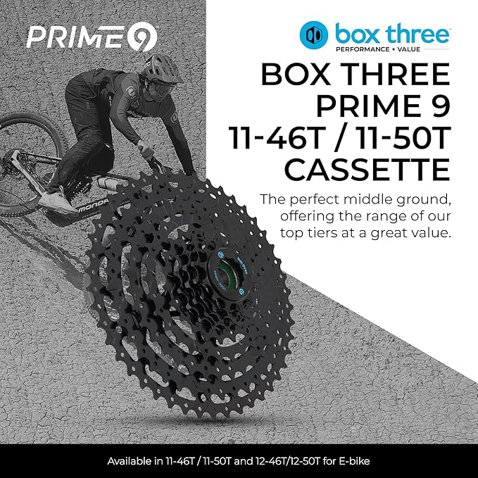 Box Three Prime 9 Non E-Bike & E-Bike Cassette 11-46T, 11-50T, 12-46T & 12-50T Fits Standard HG Hubs 9/10/11 Speed Cassette Mountain Bike, Compatible Lightweight Bicycle MTB Bike Cassette