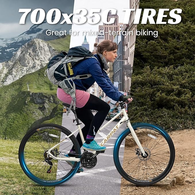 700C Road Hybrid Bike for Adult, 21-Speed Road Bike Road Bicycle Carbon Steel Frame/Dual-Disc Brakes/Multiple Colors