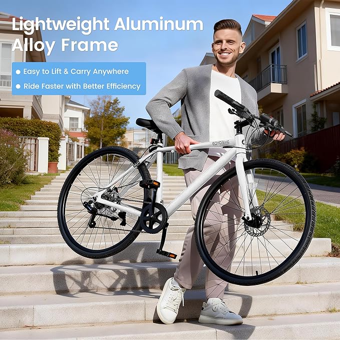 700C Hybrid Bike for Adults, Lightweight Aluminum City Commuter Bicycle, 8-Speed Urban Fitness Bike for Men & Women, Dual Disc Brakes, Upright Handlebar, LED Headlight & Reflectors