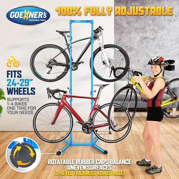 GOEHNER's 4 Bike Storage Rack Garage (Max. 240LBS), 4 Bicycle Indoor Standing Bike Rack, Height Adjustable for Road Mountain Bicycles