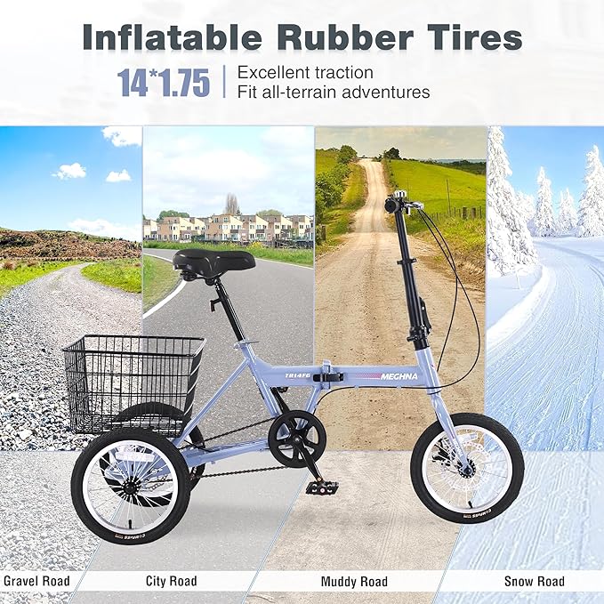 14 inch Folding Tricycle Dual Disc Brake Three Wheel Cruiser Bike Large Capacity for Adult