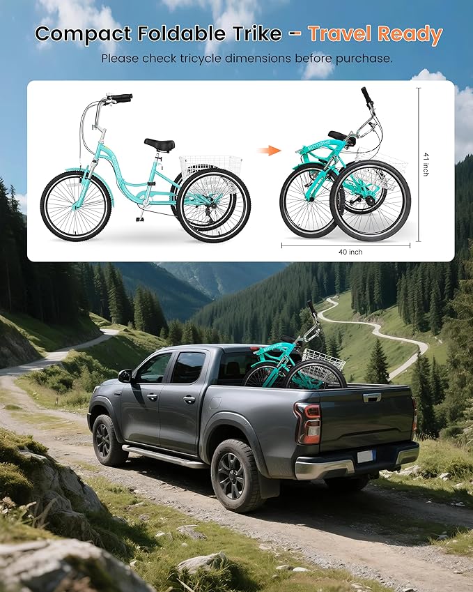 Slsy Adult Folding Tricycles, 7 Speed Folding Adult Trikes, 20 24 26 Inch 3 Wheel Bikes with Low Step-Through, Foldable Tricycle for Adults, Women, Men, Seniors