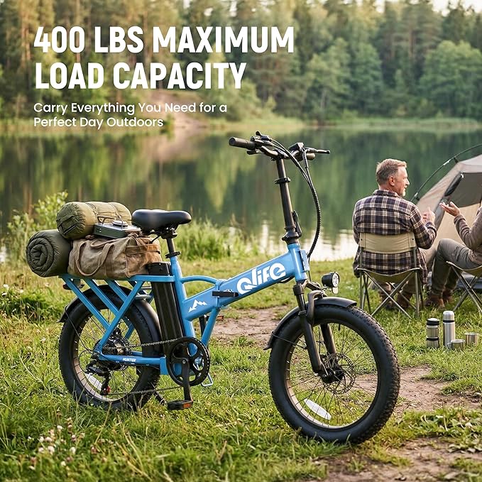 Qlife Hunter Foldable Electric Bike for Adults, Peak 1200W Ebike with 48V 13.5Ah Battery, 65-Mile Range, Heavy-Duty Rear Rack, 20-Inch Fat Tires, Folding E Bike for Commuting & Outdoor Use