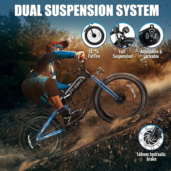 6000W/5000W Dual Motor Electric Bike for Adults 42MPH 60V 30A, 26x4 Fat Tire All Terrain Ebikes, Full Suspension E Bike, SHM 7-Speed Gear Electric Bicycle