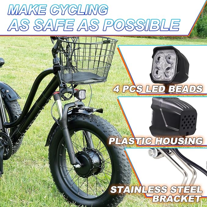 Ebike Light Kit, 24V 36V 48V Electric Bicycle Headlight & Taillight with Turn Signals, Super Bright Front Lamp 400 Lumens, Rear Light fits 80mm Rack