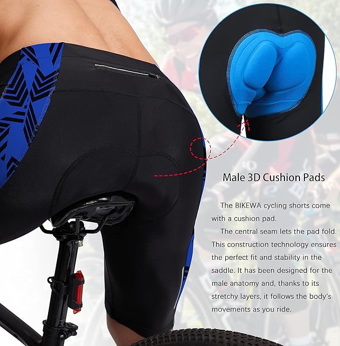 Bikewa Men's Bike Shorts 3D Padded Cycling Road Biking Mountain Riding Biker Bicycle UPF 50+ Cycle Shorts Zipper Pockets