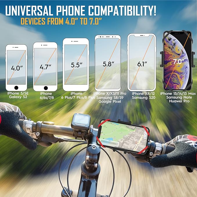 TruActive Premium Bike Phone Mount Holder | Universal Cell Phone Mount for 4"-7" Phones | Includes 6 Reusable Color Bands | Tool Free Handlebar Mount for Bicycle, Motorcycle, Electric Scooter, ATV