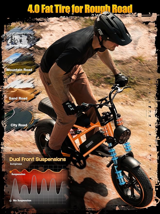 ESKUTE V100 Electric Bike for Adults, Electric Dirt Bike 1500W Peak Motor, All Terrain Dual Suspension E Bike 28MPH Top Speed, Ebike Up to 60 Miles Range, 16" Fat Tire, 48V13Ah Battery, 7-Speed