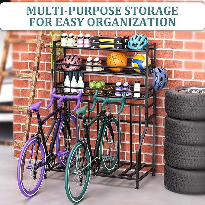 GIOTORENT Bike Rack Garage, 4-Bicycle Stand with 3-Tier Storage Rack, Adjustable Bike Storage for Mountain, Road, Commuter & Fat Tire Bikes, Garage Organizer with Hooks for Sports Gear