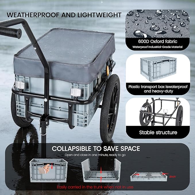 Lightweight Bicycle Trailer, Foldable Bike Cargo Trailer with Universal Hitch, Portable Bicycle Trailers with Removable Box and Waterproof Cover, for Camping, Groceries, 88 LBS Load Capacity, Gray