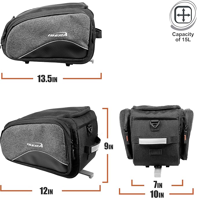 Ibera Bike Bag MIK Commuter 15L - Clip-On bike Bags For Bicycles with Laptop Sleeve, Multiple Pockets & Shoulder Strap - Reflective Trim & Taillight Ready - Bike Rack Bag ONLY FOR MIK RACKS