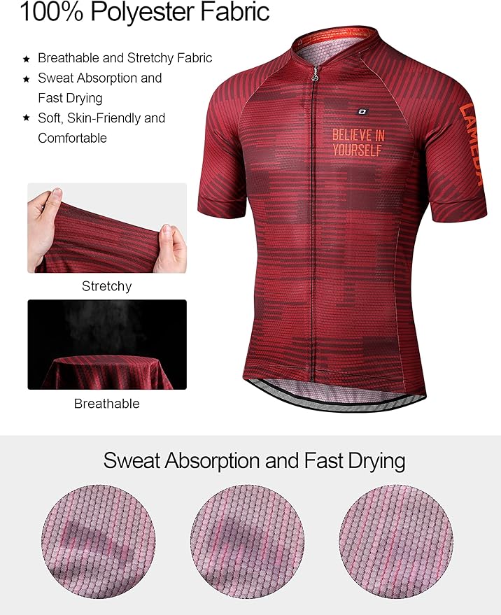 LAMEDA Men's Cycling Jersey Breathable Lightweight Short Sleeve Elastic Pro Road Bike Shirt Full Zip
