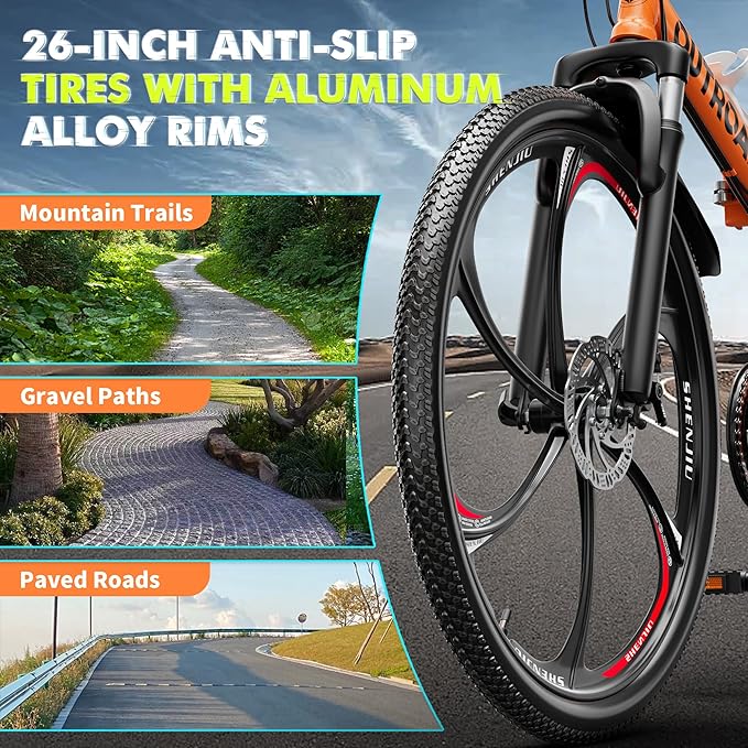 26 Inch Folding Mountain Bike, 21 Speed Full Suspension Bicycle Dual Disc Brake Non-Slip Quick Release tire for Adults Men Women(Balck/Pink/Green/Orange/White/Purple)