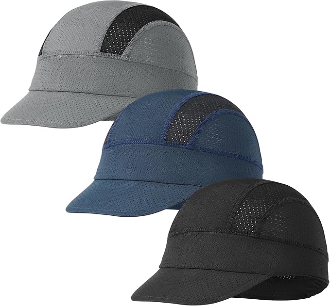 3Pcs Cycling Cap for Men Women Cooling Skull Cap Under Helmet Liner with Sun Visor for Summer Running Bike Outdoor Sports Multi