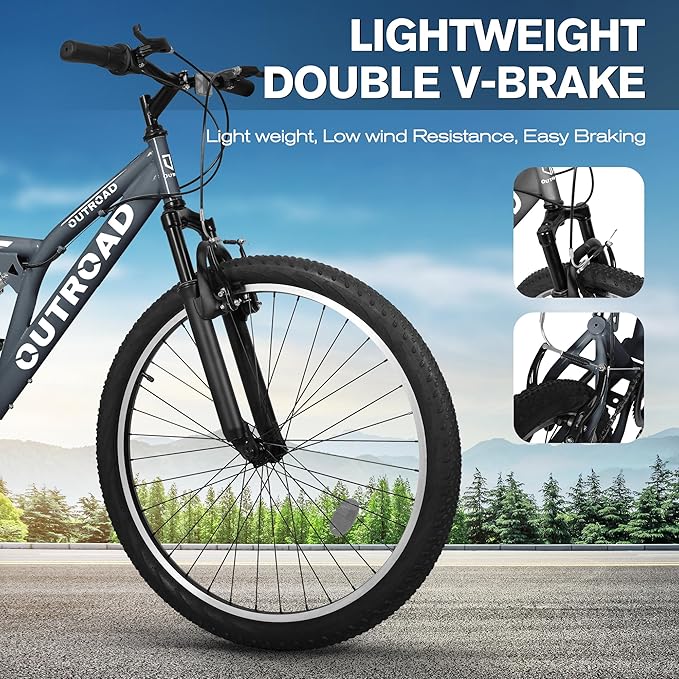 Mountain Bike for Adult Men Women, 26 Inch 7 Speed Mountian Bicycle with Dual Full Suspension, Dual V Brake MTB Bicycle, Multiple Colors