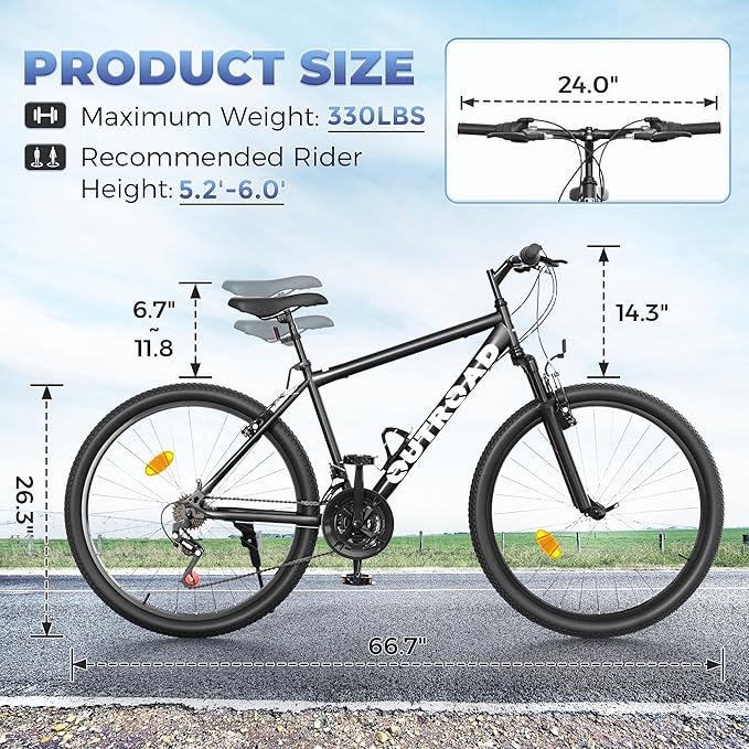 26 inch 7-Speed Commuter Bicycle,Hybrid Bicycle,Men's Cruiser Bike/Mountain Bike V Brake,Metal Frame, Adult Bike (Black, White, Blue, Green, Purple, Pink)