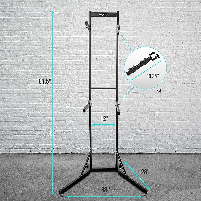 RaxGo Bike Garage Storage Rack, 4 Bicycle Garage Floor Stand, Adjustable, Freestanding, Adjustable Hooks, For Mountain & Road bicycles, Universal For Indoor Use