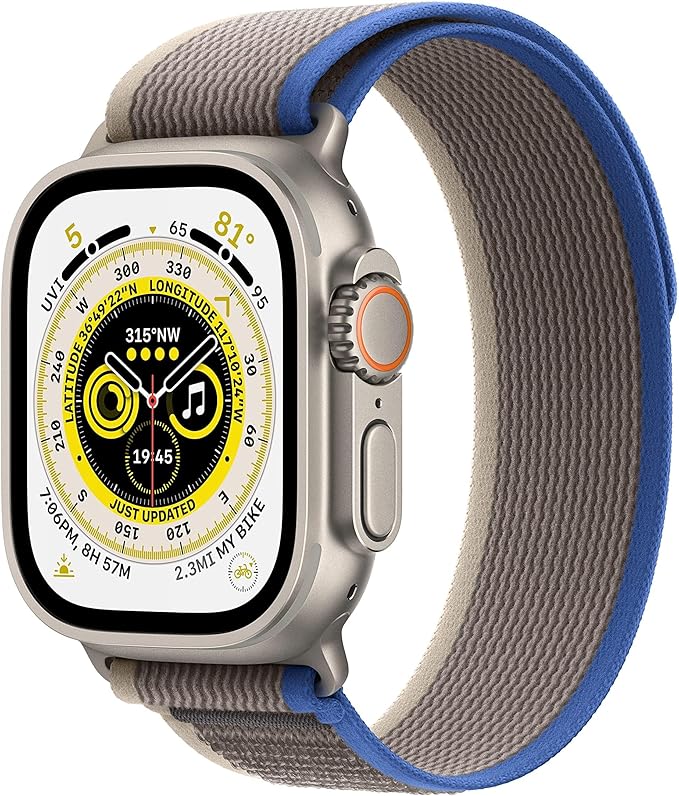 Apple Watch Ultra [GPS + Cellular 49mm] Titanium Case with Blue/Gray Trail Loop, S/M (Renewed)