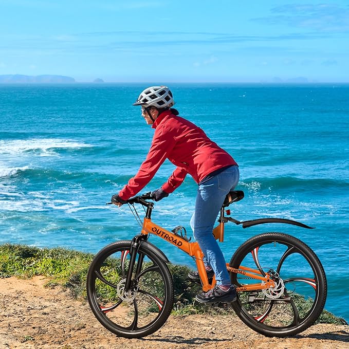 Outroad 26 Inch Folding Mountain Bike, 21 Speed Full Suspension High-Carbon Steel MTB Foldable Bicycle, Dual Disc Brake Non-Slip Folding Bikes for Adults/Men/Women, Black, Orange and Green