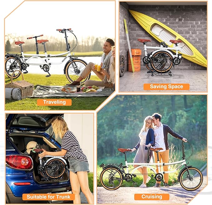 Folding Tandem Bike for Adults,20" Folding Bike Dual Drive Tandem Bicycle,Foldable with Rolling Stand for Easy Transport