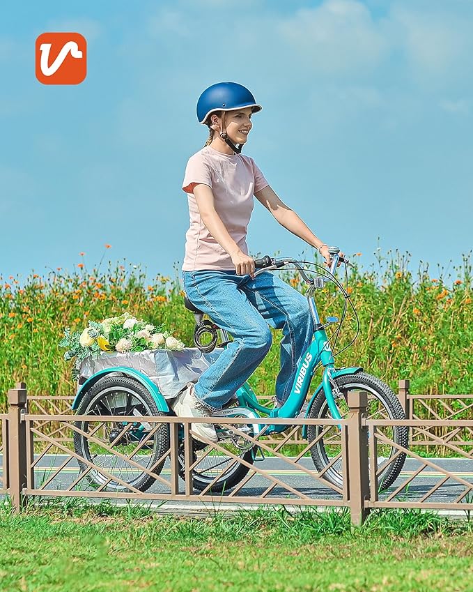 VIRIBUS Folding Tricycle for Adults, 20 inch Foldable Adult Tricycle 1 or 7 Speed Speed with Basket, Folding 3 Wheel Bikes for Adults Senior Women Men, Collapsible Mini Trike, Three Wheeler 330lb.
