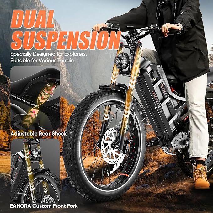 eAhora 2025 Romeo Ultra/Romeo 2 Peak 3000W/2500W 42/40 Mph Electric Bike for Adults 60V 70Ah/52V 60Ah 100-200Miles Long Range Ebike 26" Fat Tire Full Suspension Electric Bicycle