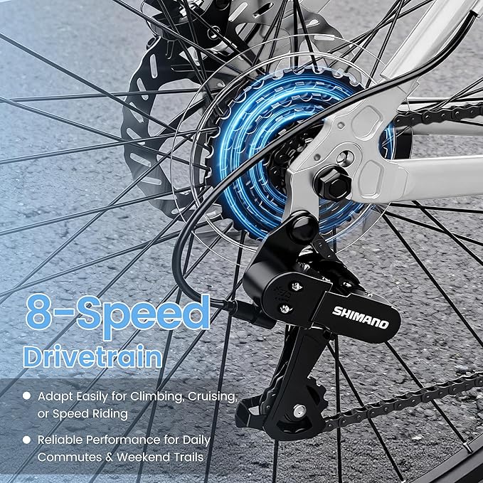 700C Hybrid Bike for Adults, Lightweight Aluminum City Commuter Bicycle, 8-Speed Urban Fitness Bike for Men & Women, Dual Disc Brakes, Upright Handlebar, LED Headlight & Reflectors