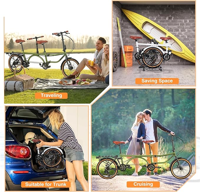 Folding Tandem Bike for Adults,20" Folding Bike Dual Drive Tandem Bicycle,Foldable with Rolling Stand for Easy Transport