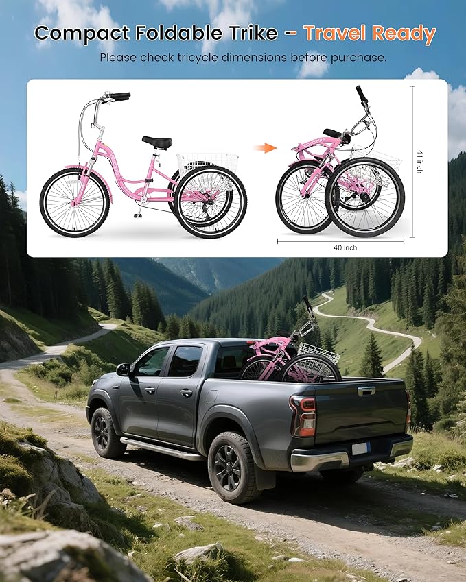 Slsy Adult Folding Tricycles, 7 Speed Folding Adult Trikes, 20 24 26 Inch 3 Wheel Bikes with Low Step-Through, Foldable Tricycle for Adults, Women, Men, Seniors