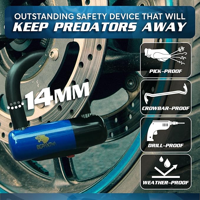 Anti Theft Motorcycle Disc Lock - Heavy Duty Bike Lock with Reminder Cable & Carry Pouch - Universal Fit Disc Brake Lock for Motorbikes, Scooters, and Mopeds (Blue)