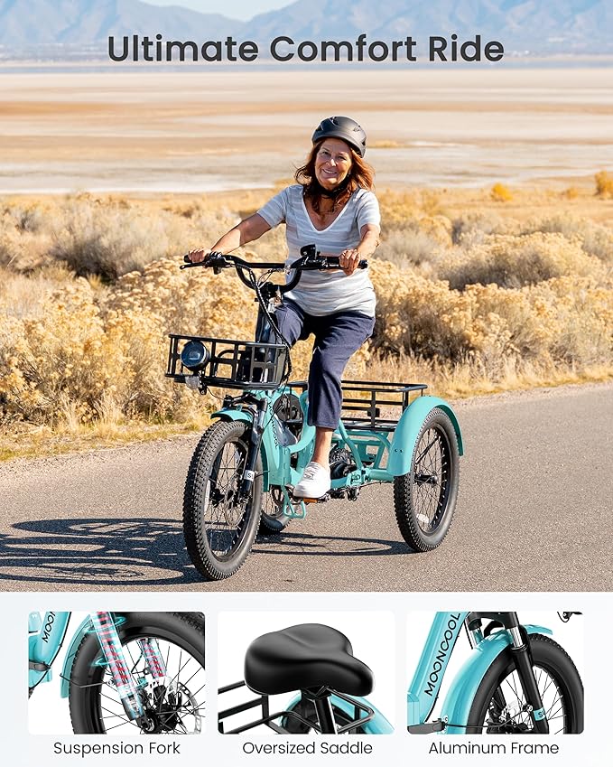 MOONCOOL Electric Trike for Adults, 500W/750W 48V Electric Tricycle for Adults Peak Power 1500W, 20"x3.0" Fat Tire 3 Wheel Electric Bike, Folding Aluminum Adult Tricycle with Removable Battery