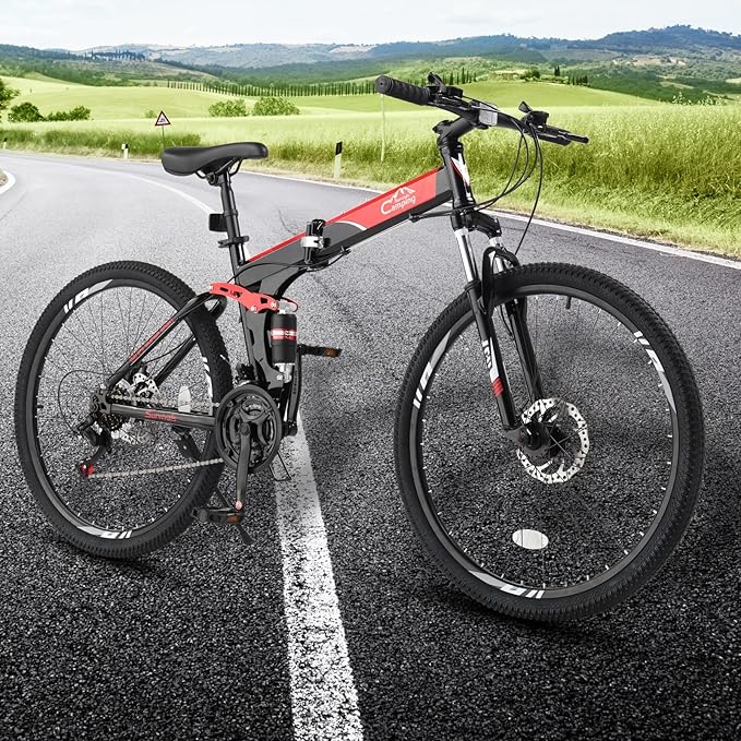 26in Folding Mountain Bike 21-Speed with Disc Brakes, Heavy-Duty Alloy Frame & Bike Suitable for &, Red - Urban Commuter, Trail Riding, Storage