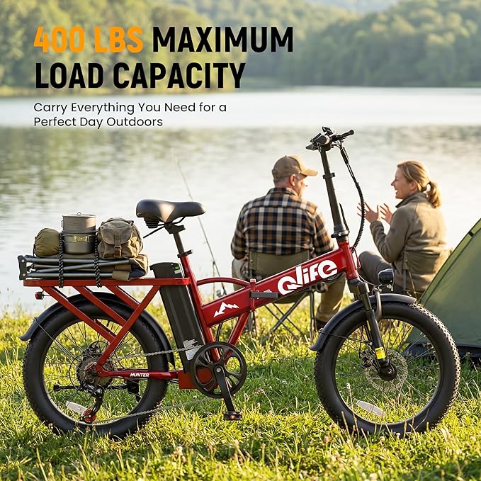 Qlife Hunter Foldable Electric Bike for Adults, Peak 1200W Ebike with 48V 13.5Ah Battery, 65-Mile Range, Heavy-Duty Rear Rack, 20-Inch Fat Tires, Folding E Bike for Commuting & Outdoor Use