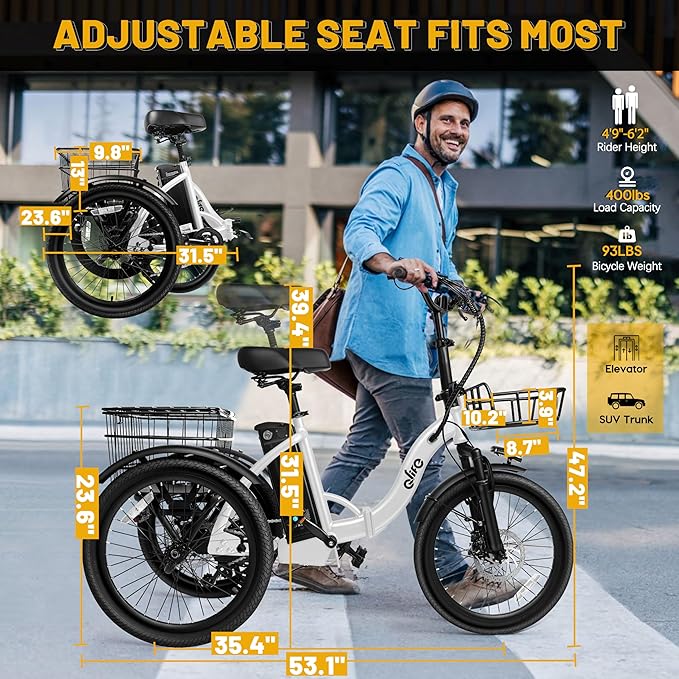 Qlife Triker Electric Bike, Peak 750W/1200W Brushless Motor Folding Trike Ebike, 499Wh Removable Battery, Step-Thru 3 Wheel Electric Bicycle, Up to 55 Miles, 20 Tire Tricycle for Adults