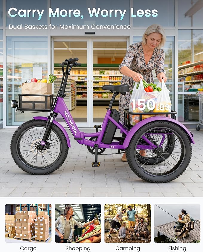 MOONCOOL Electric Trike for Adults, 500W/750W 48V Electric Tricycle for Adults Peak Power 1500W, 20"x3.0" Fat Tire 3 Wheel Electric Bike, Folding Aluminum Adult Tricycle with Removable Battery