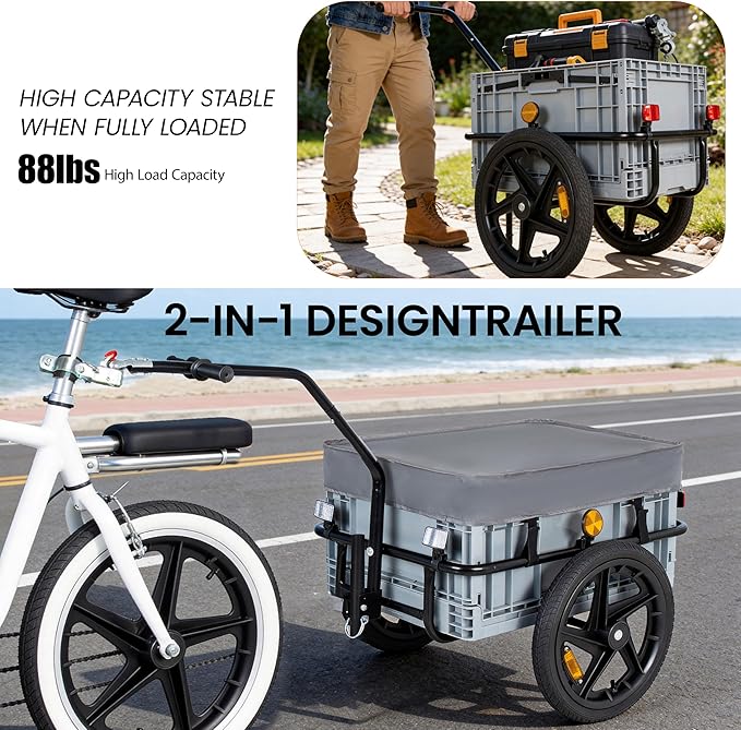 Lightweight Bicycle Trailer, Foldable Bike Cargo Trailer with Universal Hitch, Portable Bicycle Trailers with Removable Box and Waterproof Cover, for Camping, Groceries, 88 LBS Load Capacity, Gray