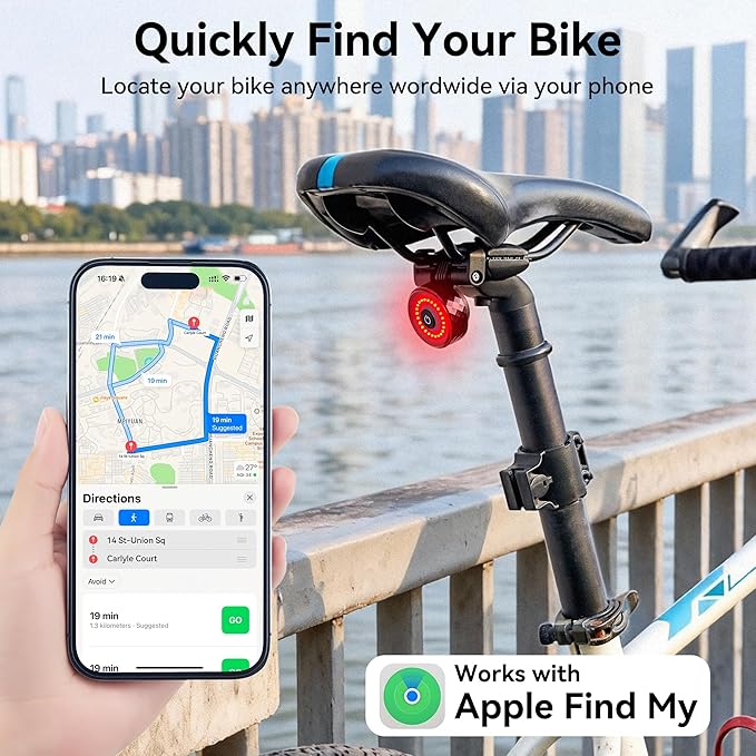Bike Tail Light with Tracker, GPS Tracker(Work with Apple Find My,iOS Only),Type C USB Rechargeable 5 Light Modes, IPX6 Waterproof,Bicycle Taillight Road Mountain Night Riding Cycling Safety Flash