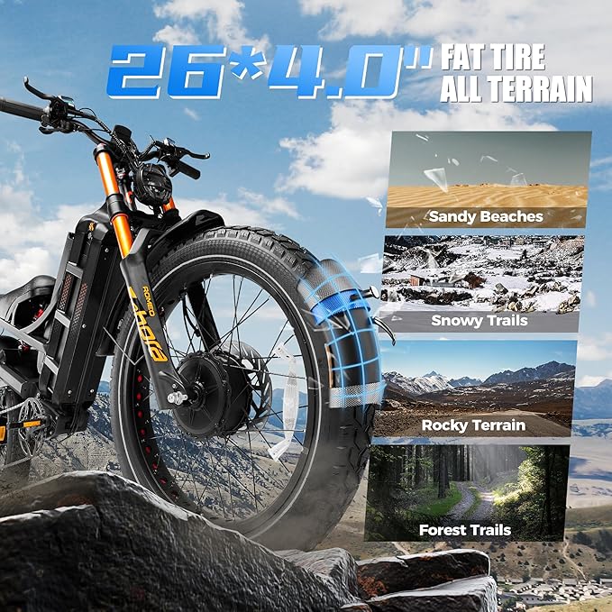 eAhora 2025 Latest Romeo Pro 3/2/Pro 5600W/50Mph 4000W/46Mph Dual Motor Electric Bike for Adults, 60V/80Ah 52V/70Ah 250+Miles Long Range Ebike 26''*4.0 Fat Tire Full Suspension Off-Road Ebike, UL2849