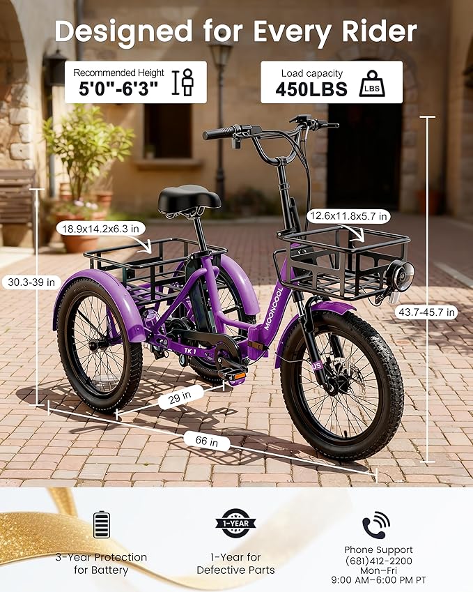 MOONCOOL Electric Trike for Adults, 500W/750W 48V Electric Tricycle for Adults Peak Power 1500W, 20"x3.0" Fat Tire 3 Wheel Electric Bike, Folding Aluminum Adult Tricycle with Removable Battery
