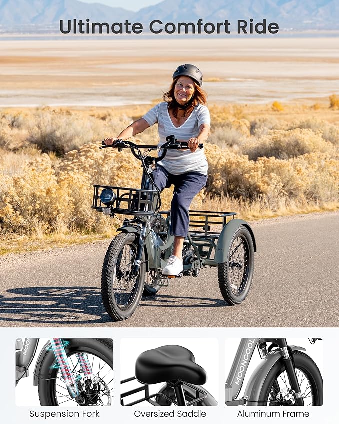MOONCOOL Electric Trike for Adults, 500W/750W 48V Electric Tricycle for Adults Peak Power 1500W, 20"x3.0" Fat Tire 3 Wheel Electric Bike, Folding Aluminum Adult Tricycle with Removable Battery