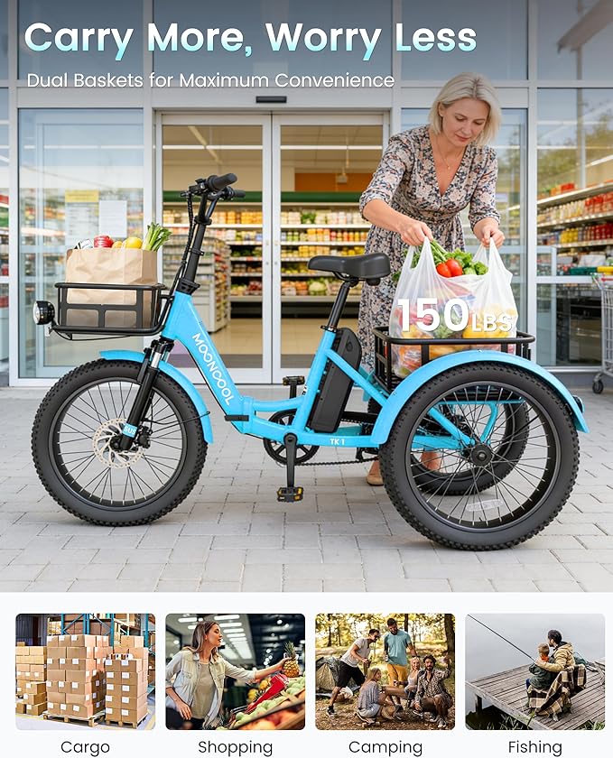 MOONCOOL Electric Trike for Adults, 500W/750W 48V Electric Tricycle for Adults Peak Power 1500W, 20"x3.0" Fat Tire 3 Wheel Electric Bike, Folding Aluminum Adult Tricycle with Removable Battery