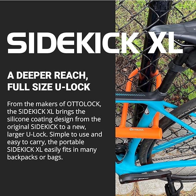 OTTOLOCK Sidekick XL Full-Size U-Lock - Heavy Duty Anti Theft Bicycle U-Lock with Keys, Silicone-Coated, Bike Accessories, Orange