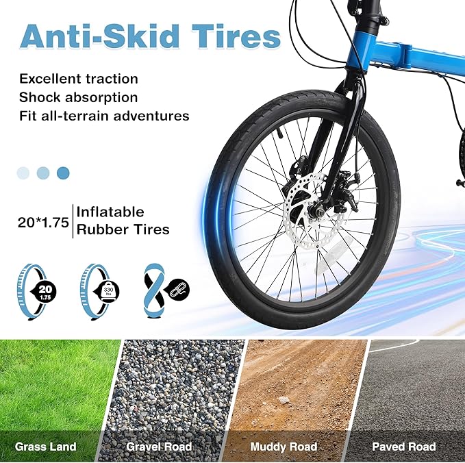 7-Speed Folding Bike, 20" x 1.95" Tires, Tri-Fold Design with Rear Rack Wheels, Steel Frame, Ideal for Urban Commuting